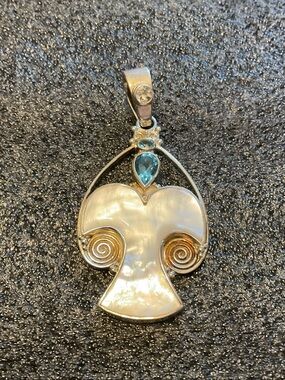 Sajen Mother of Pearl Angel Pendant Necklace with Blue Topaz Accent